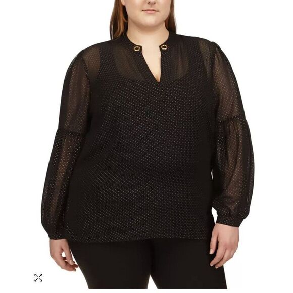 Michael Kors 2X Sheer Blouse Shirt Black Gold V-Neck Bishop‎ Long Sleeve Button - Picture 1 of 9